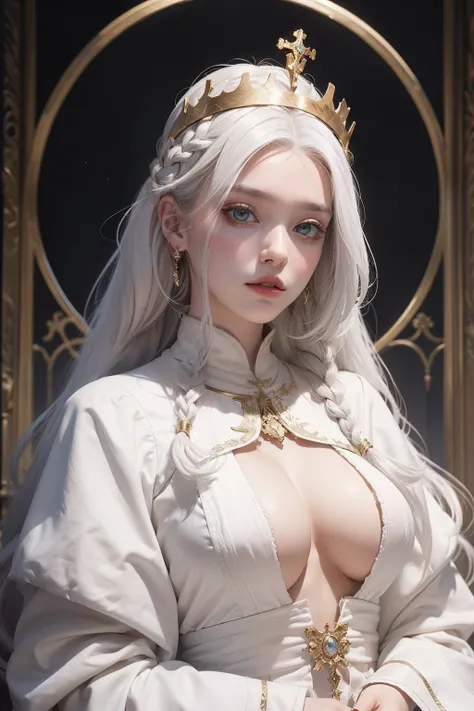 top-quality、​masterpiece、white  hair、Gold Eye、white  clothes、look up to、The upper part of the body、Hair strands、light skinned、Side braid、are visible、Beautiful areola、Beautiful nipples、Bishops clothing、Crown of the Pope、Look at viewers