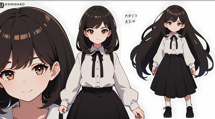 1girl, brown hair, HQ, 8K, gradient hair, black hair, white background, simple background, full body, smile, black eyes, large skirt, reference sheet, turnaround, multiple views