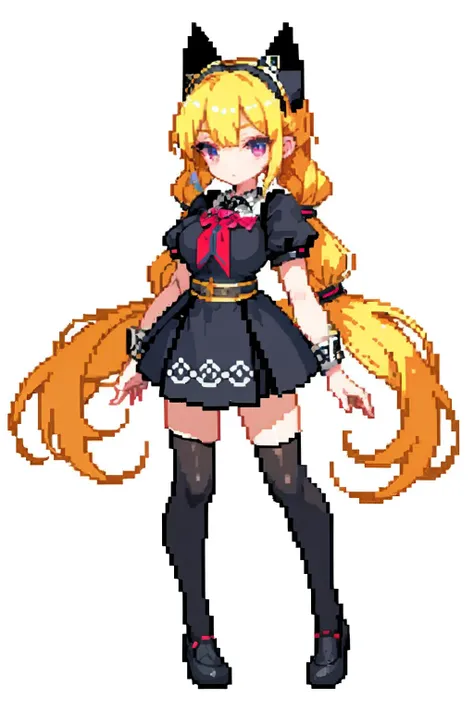 (​masterpiece、top-quality、top-quality)、pixels、Pixel art、Loose blonde braided twintails、Pink eyes、One girl、Obscene black bondage costume、full body Esbian、large boob、Black Knee High Socks