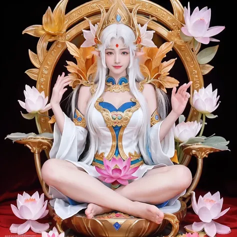 the tantric big-breasted avalokiteshvara sits on a lotus throne and meditates，（yoga lotus sitting）,（perfect delicate and good-lo...