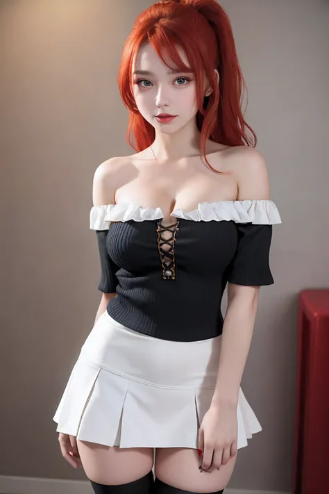 a beautiful 17yo Skotlandia woman, off shoulder, high waist mini skirt, redhead, thighhighs, cleavage