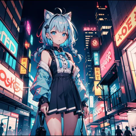 Light blue twin-tailed woman standing in neon street at night、Black off-the-shoulder dress、（Fantastic night cityscape）、（Messy light）、（Best Highlights）、（Best Shadows）、（highestdetailed）、（Highest image quality 8K）、（masutepiece）