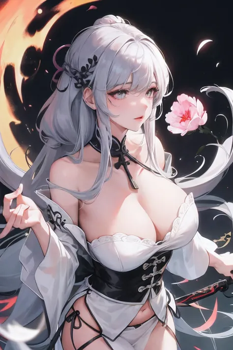 8K, Masterpiece, Best quality, Night, full moon, 1 girl, Chinese style, Chinese architecture, Mature woman, sister, Silver white long haired woman, Long hair, Light pink lips, calm, logical, bangs, Gray pupils, assassins, Fan, Knife fan, petal dancing, Del...