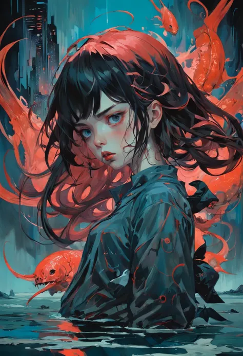 Sad girl. Breakcore. In the style of Adrian Ghenie, Esao Andrews, Jenny Saville, Edward Hopper, surrealism, Dark Art par James Jean, Takato Yamamoto, Minimalisme inkpunk. Dans le style de Tim Burton. Dans le style de Sewerslvt.