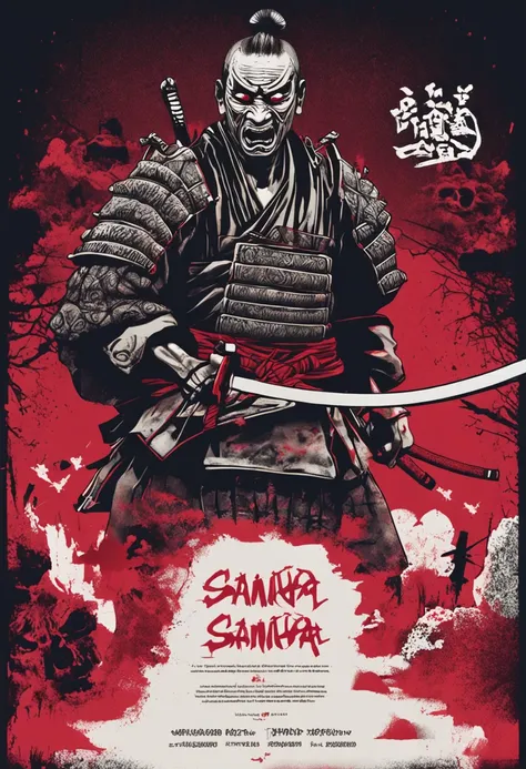 rosto de um samurai estilo zumbi com fundo sombrio e misterioso, macabre traits, scary expression, lighting dramatic, detalhes intricados, textura sombria, cores frias intensas.