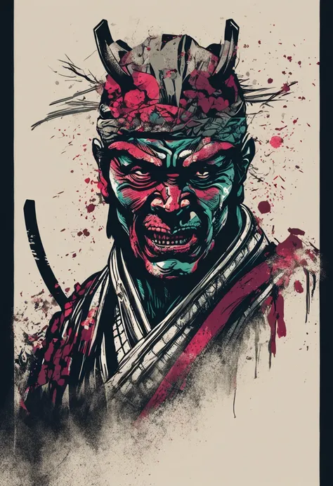 rosto de um samurai estilo zumbi com fundo sombrio e misterioso, macabre traits, scary expression, lighting dramatic, detalhes intricados, textura sombria, cores frias intensas.