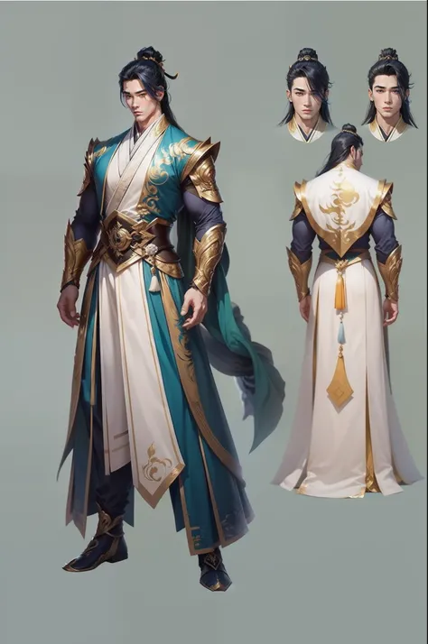 male donghua fantasy, god of ice and is the first to appear tall as a god, short hair, character design sheet, different poses, different angles, 1boy, single, asian boy, handsome, reference sheet, perfect face, hansome face, 1.85 tall, shaved, gods chines...