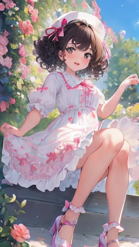 {{{{masterpiece}}}}, {{{hyper detailed}}}, {{{highres}}}, {{good anatomy}}, (((best quality))), {8k cg wallpaper}, 1girl, solo, Cute little girl with short, curly hair adorned with colorful ribbons, wearing a frilly dress with floral patterns, and accessor...