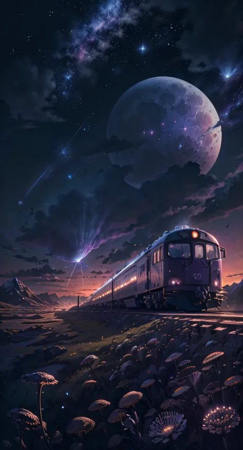 (Absurdres, Cinematic, UHD, higher, ultra detailed, ultra detailed), dark purple sky, nebula in the sky, 5 lattern in the sky, big moon in the sky, flying train, shooting star, dandelion field, mountain, boy looking at the sky, oil painting, detailed dande...