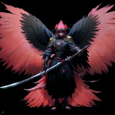 imagem arafed de um homem com uma espada e asas, avian warrior, Demon Samurai, Arqueiro alado, demon samurai warrior, anthropomorphic raven knight, Epic Fantasy Digital Art Style, black aarakocra eagle warlord, epic fantasy character art, 2. 5 d cgi anime ...