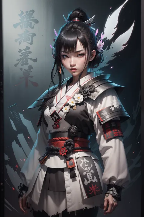 bits of color, white samurai uniform, futuristic hand drawn, light, white, gritty, realistic, Rough draw, mix of bold dark lines and loose lines, bold lines, samurai woman, leaves, animals, runes, light theme, full body in picture clearly visible, full bod...