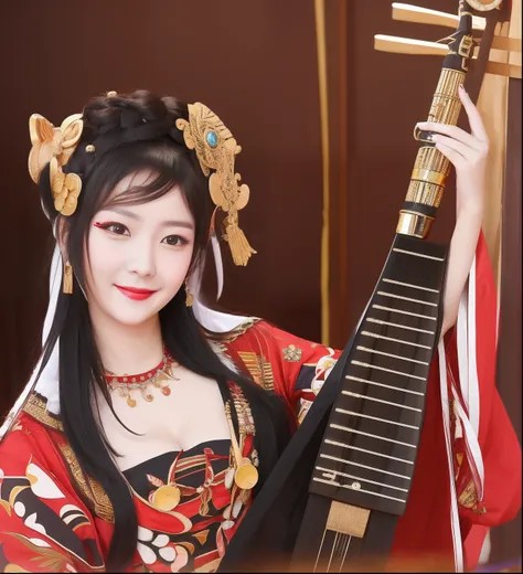 Smiling woman with black hair in traditional dress holding musical instrument