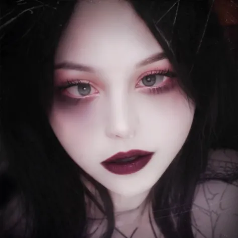 Close-up of a woman with black lipstick and creepy, Black scleral eyes, Has haggard eyes and black hair, gothic face, gothic girl face, with black eyes, scary look, Black sullen eyes, gothic horror vibes, pale goth beauty, Black glare eyes, A ghostly filte...