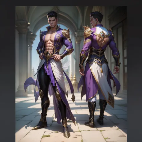 1 jovem do sexo masculino, refer ence sheet, (design de personagens de fantasia, testa, back, lado) macho, Handsome, alto, corpo muscular, Cabelos Longos, cabelos brancos, Abs, Clothes of the Asian God, folha de design de personagem