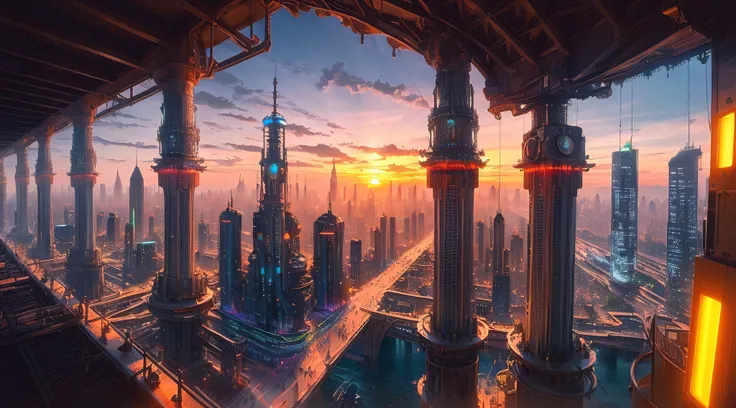 serene sunrise moments, Futuristic AI-powered cities,  panoramic view, (vivid colors:1.4), steampunk machinery, best quality, (masterpiece:1.2), (intricate details:1.2), vivid colors:1.5