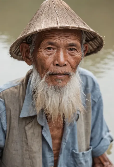 Old fisherman in Vietnam, professional color grading, soft shadows, no contrast, clean sharp focus, film photography