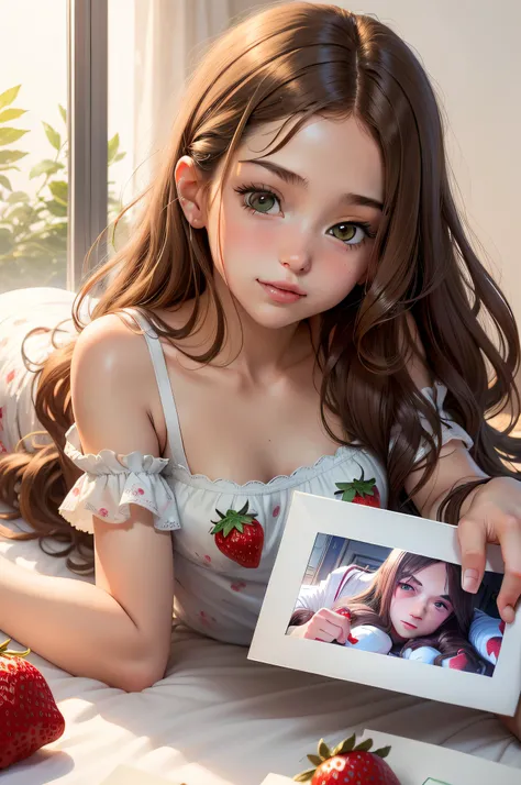 Girl with semi-long wavy brown hair, lying on her stomach looking at a photo of her boyfriend, in tender white pajamas and print strawberries, scenery of tender girl, emerald eyes,