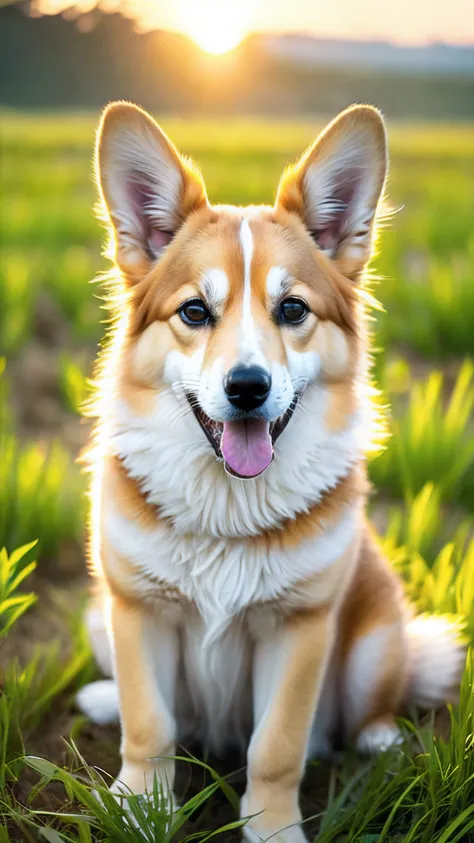 Close-up photo of a very cute yellow and white corgi in a rice field，It has no tail，Soft volumetric light，（The light from the back window is backlighted：1.3），（cinematic ligh：1.2），Complicated details，（art  stations：1.3）