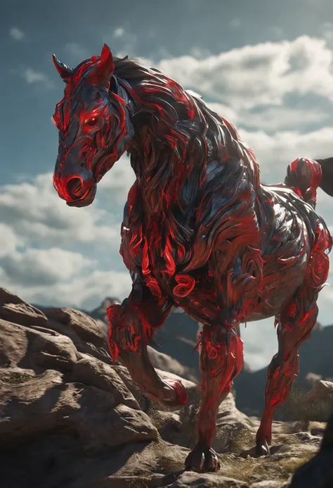 An entity with a humanoid face resembling a horse, featuring a white head, a red tail, and adorned with tiger stripes, set against a backdrop of primordial chaos. Realistic image quality at 8K resolution, utilizing ray tracing.