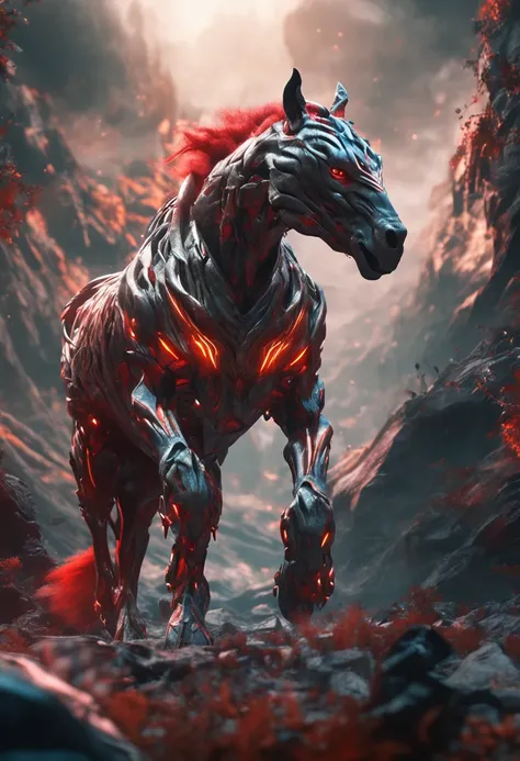 An entity with a humanoid face resembling a horse, featuring a white head, a red tail, and adorned with tiger stripes, set against a backdrop of primordial chaos. Realistic image quality at 8K resolution, utilizing ray tracing.