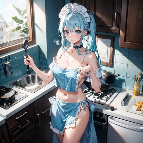 Light blue hair woman cooking in kitchen、A look of shame、shame、Naked apron、Navel out、randome pose、Maids（Messy light）、（Best Highlights）、（Best Shadows）、（highestdetailed）、（Highest image quality 8K）、（masutepiece）