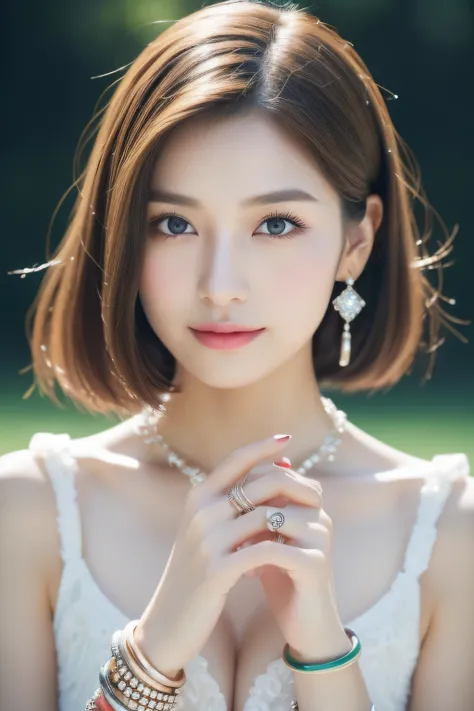 (((８Very high resolution in K, high detailing, highly accurate, masutepiece))),Photography & realistic atmosphere,shinny skin,Beautiful skin,fine-grained white skin,Detailed face,Detailed eyes、Dark green eyes,Very pretty eyes,Detailed lips、Glossy pink shee...