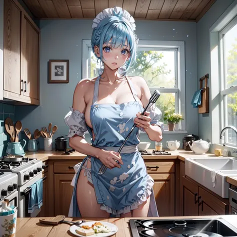 Woman with light blue hair cooking in kitchen、A look of shame、shame、NAKED Apron、Navel out、randome pose、Maids（Messy light）、（Best Highlights）、（Best Shadows）、（highestdetailed）、（Highest image quality 8K）、（masutepiece）