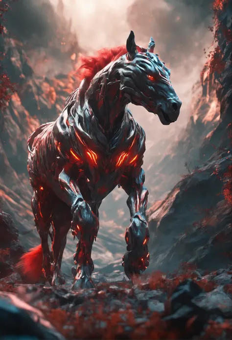 An entity with a humanoid face resembling a horse, featuring a white head, a red tail, and adorned with tiger stripes, set against a backdrop of primordial chaos. Realistic image quality at 8K resolution, utilizing ray tracing.