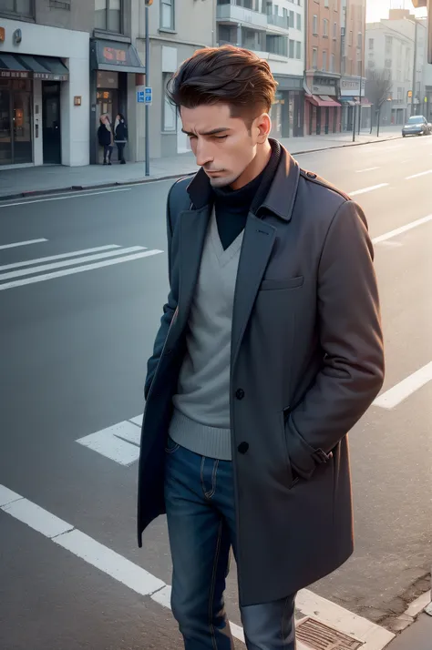 (Man in a casual coat 1.4) (Looking down on the phone 1.4) (Show upper body 1.3) (Display Mobile Screen 1.3) (1.4 on the road)