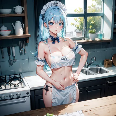 Light blue hair woman cooking in kitchen、A look of shame、shame、Naked apron、Navel out、randome pose、Maids（Messy light）、（Best Highlights）、（Best Shadows）、（highestdetailed）、（Highest image quality 8K）、（masutepiece）