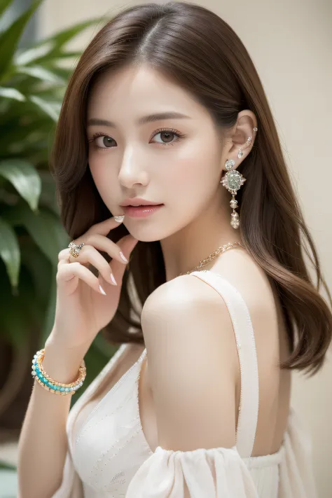 (((８Very high resolution in K, high detailing, highly accurate, masutepiece))),Photography & realistic atmosphere,shinny skin,Beautiful skin,fine-grained white skin,Detailed face,Detailed eyes、Dark green eyes,Very pretty eyes,Detailed lips、Glossy pink shee...