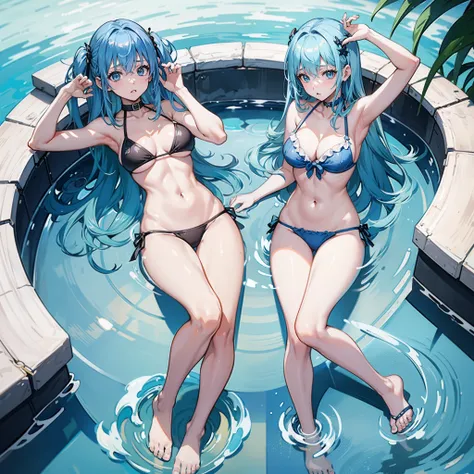 Woman with light blue hair playing in pool、A look of shame、shame、maikurobikini、The best body、Navel out、randome pose、（Messy light）、（Best Highlights）、（Best Shadows）、（highestdetailed）、（Highest image quality 8K）、（masutepiece）