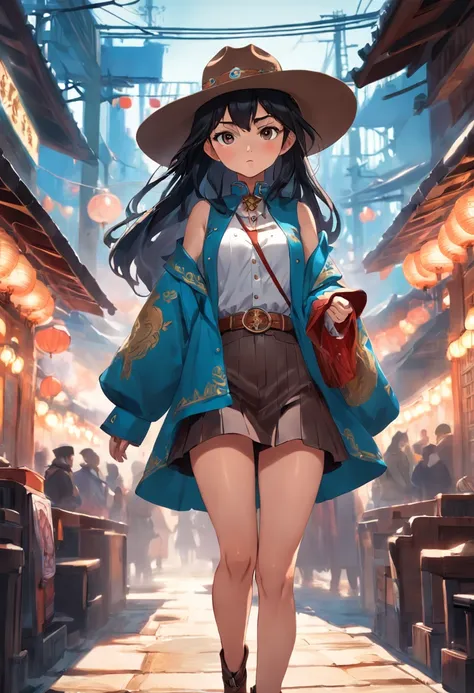 Make an illustration of an Asian girl, de cabelos pretos, with a serious face, wearing a cowboy hat and an outfit of the same style