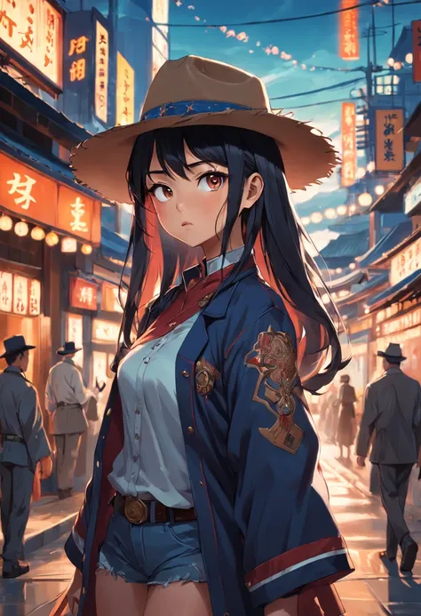 Make an illustration of an Asian girl, de cabelos pretos, with a serious face, wearing a cowboy hat and an outfit of the same style