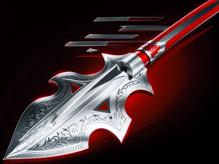 There are sharp silver javelins，Red handle on red background,  blade design, Beautiful javelin, Sharp blade，The surface has a beautiful metal pattern