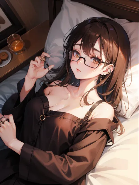 1人の女性、brown haired(Curta)、Brown eyes、Black-rimmed glasses、Ring piercing of the earlobe、Seductive、a bed、s asleep、pajamas