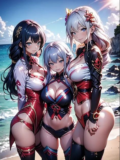 Three women in bikinis pose for a photo on a beach by the sea, seductive anime girls, beautiful and seductive anime woman, Guviz-style artwork, Perfect white haired girl, Guviz, Beautiful anime girl, ross tran. scenery background, in beach, Beautiful anime...