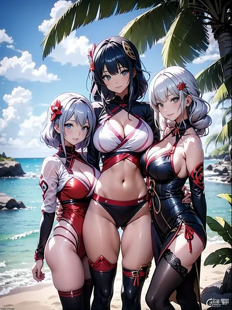 Three women in bikinis pose for a photo on a beach by the sea, seductive anime girls, beautiful and seductive anime woman, Guviz-style artwork, Perfect white haired girl, Guviz, Beautiful anime girl, ross tran. scenery background, in beach, Beautiful anime...