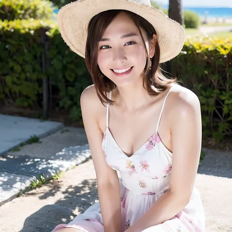 (Gacky:0.9)、Viewers Perspective、top-quality、超A high resolution、(Photorealsitic:1.4)、1 female、(Floral pattern in white sundress:1.4)、(Straw hat on the head)、the beach、the pose、(low angles)、(bokeh dof)、((Puffy eyes))、(Pose Seductive)、(cleavage of the breast)...