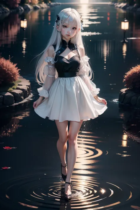 Mirror Lake moonlight night，Tile splash，Delicate and beautiful LOLI girl full body，Perfect female posture，Silver hair and red eyes。