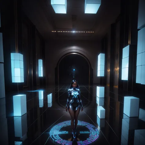 Full body shot of a beautiful black woman in a reflective dress standing in a room full of cubes, with iridescent light, highly detailed images, vibrant beautiful colours, photorealistic image, 8k, ultra HD, unreal engine rendered, cinematic lighting, artg...