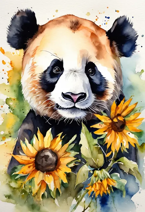 Um panda bonito，Uma abelha, Sunflowers are worn on the head，perspectiva positiva，