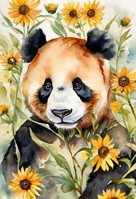 Um panda bonito，Uma abelha, Sunflowers are worn on the head，perspectiva positiva，