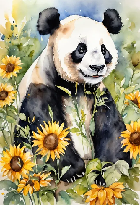 Um panda bonito，Uma abelha, Sunflowers are worn on the head，perspectiva positiva，