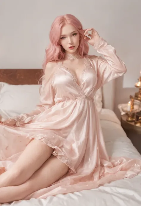 Super high quality illustrations，Masterpiece level，Technically sophisticated，HD picture，The picture shows a girl lying on a large bed，Wearing a translucent nightdress，Raise your legs high，Wrap your arms around your chest，Show temptation，Light pink hair dri...