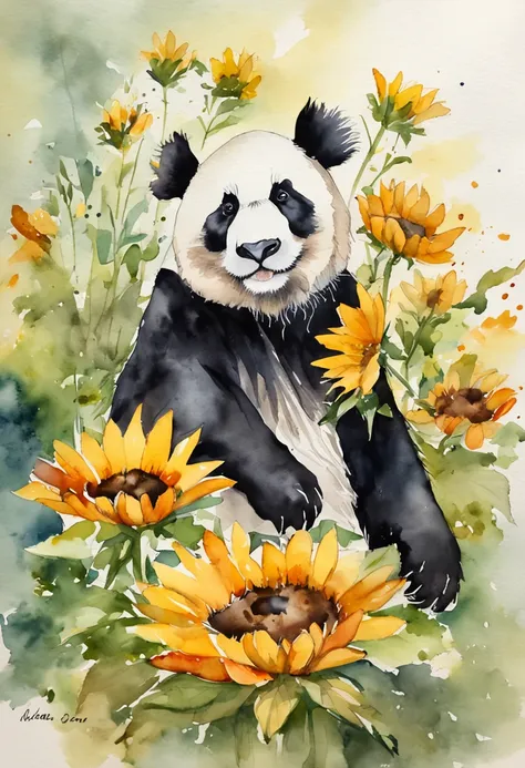 Um panda bonito，uma abelha, Sunflowers are worn on the head，Perspectiva positiva，