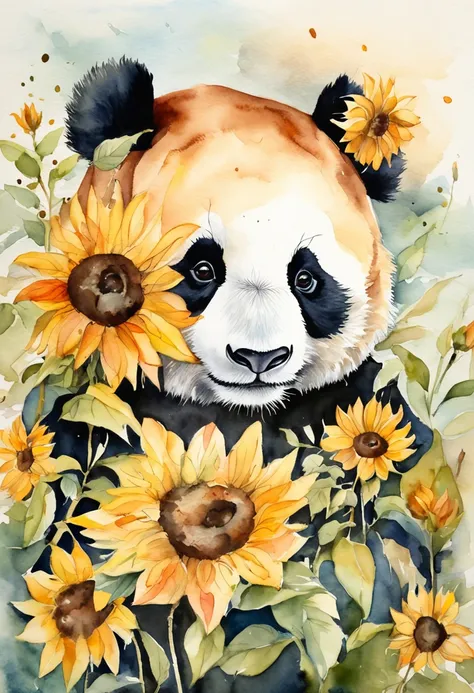 Um panda bonito，uma abelha, Sunflowers are worn on the head，Perspectiva positiva，