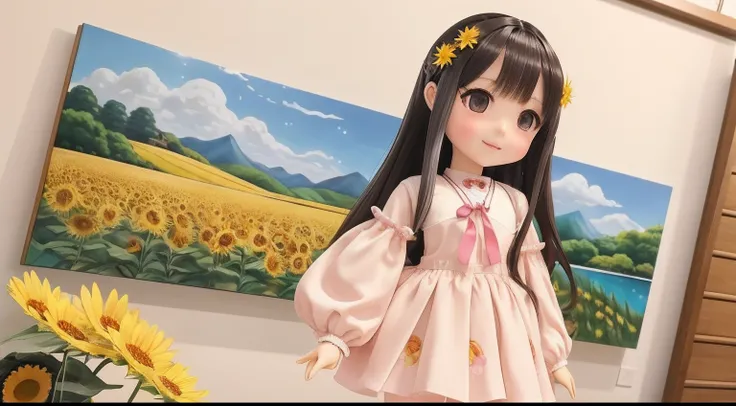 photoRealstic、Doll standing in front of the painting、swim wears、laugh face、Water droplets on the cheeks、Selfie Pose、spreading arms widely、、Sengai、pixiv、rokoko、dollfie dream、watercolor Nendoroid、(High Definition Figure)、flowing sakura-colored silk、nendroid、...