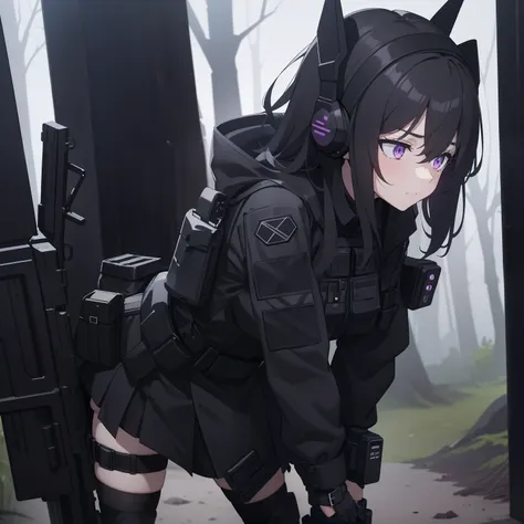 1girl, tactical black helmet, black railed headset, purple headset, black long messy hair, black camo uniform, black shoulder pa...