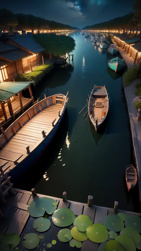 reflective place: Asian lagoon with many water lilies and boats, night scene with many water lilies, and boats on the water, View from above, centralizado, estilo realista